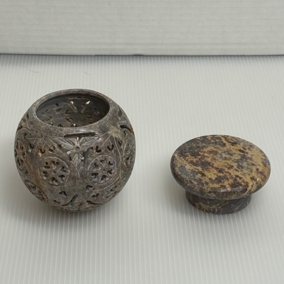 Hand Carved Soap Stone Tea light/Incense holder Orb/Sphere with Base Tribal - Picture 9 of 10